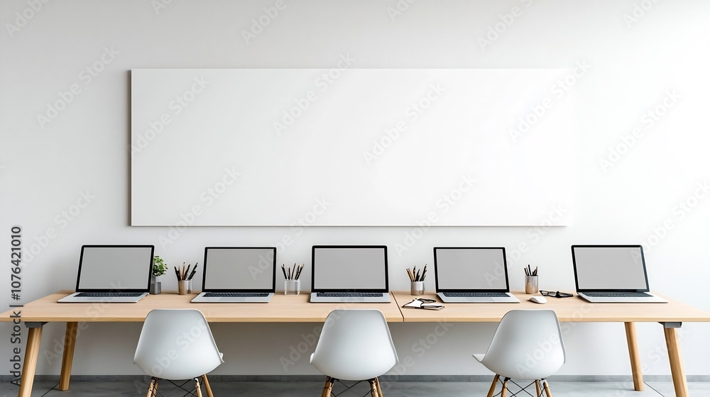 Aufkleber minimalist and stylish office workspace setup featuring a shared desk with six laptops in a calming 