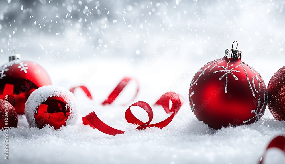 Poster christmas balls and ribbons in snowy winter decor with bokeh effect : generative ai