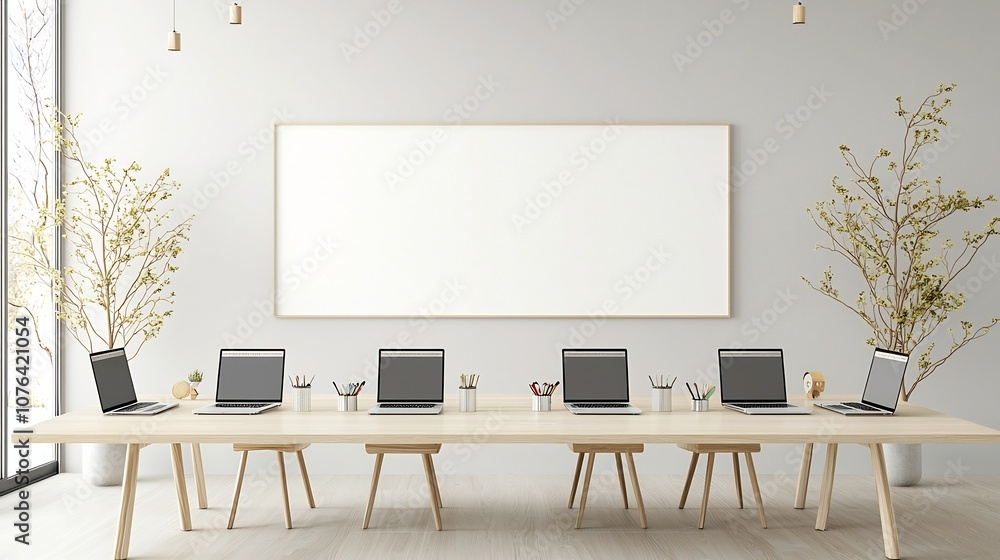 Leinwandbilder Minimalist and modern open workspace with six laptops placed across a large table a blank wall perfect for mockup display and a calming neutral color scheme throughout the room
