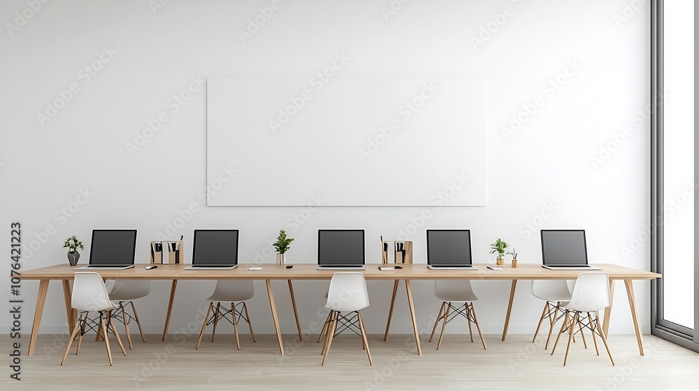 Leinwandbilder peaceful minimalist office interior with six laptops on a long desk plain wall for mockup presentati