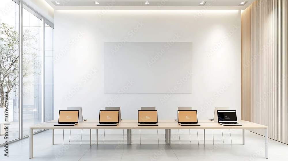 Leinwandbilder Minimalist office interior with a long desk featuring six laptops a plain wall for mockup presentations and a comfortable color palette creating a relaxed work environment