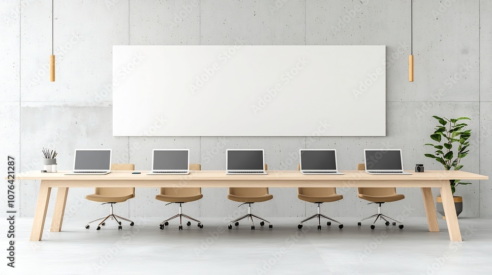 Poster minimalist and organized office interior with six laptops arranged on a long desk providing a relaxe