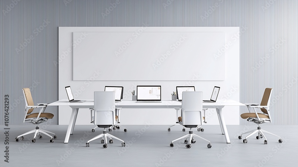 Poster sleek and minimalist collaborative office layout with six laptops on a shared worktable blank wall p