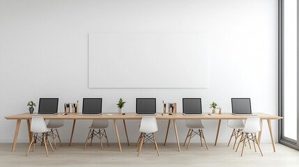 Peaceful Minimalist Office Interior with Six Laptops on a Long Desk Plain Wall for Mockup Presentations and a Calming Color Scheme Creating a Relaxed Work Environment
