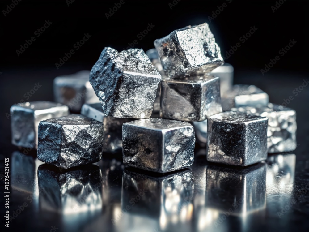 Poster captivating tilt-shift photography of shiny silver cubes on a black background, featuring crumpled m