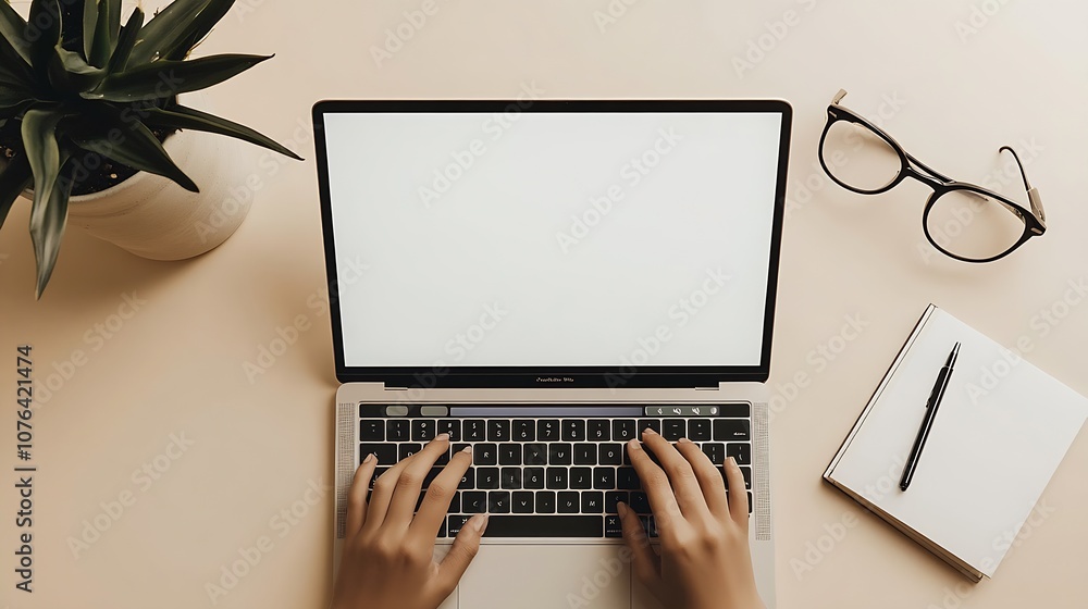 Poster Elegant Home Office Workspace with Laptop and Hands Typing Creating a Minimalist Productive Area : Generative AI