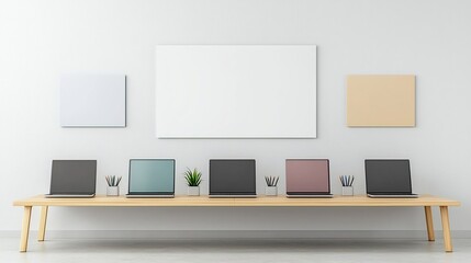 Cozy and minimalist modern office interior with six laptops arranged on a shared work desk plain wall ready for mockups