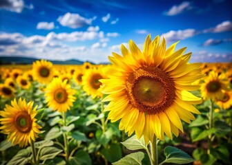 Fototapeta premium Captivating Tilt-Shift Photography of Summer Sunflowers in Full Bloom, Showcasing a Vibrant Collection of Seasonal Beauty Under a Bright Blue Sky