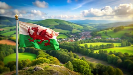Captivating Tilt-Shift Photography of the Waving Flag of Wales Against a Scenic Welsh Landscape, Showcasing Nature's Beauty and National Pride in a Miniature Perspective