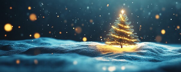 Naklejka premium Glowing christmas tree illuminating snowy landscape at night