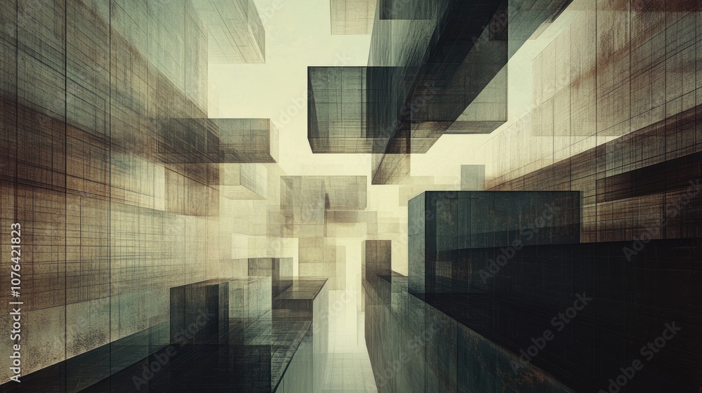 Poster abstract perspective of interlocking geometric shapes with a grunge texture
