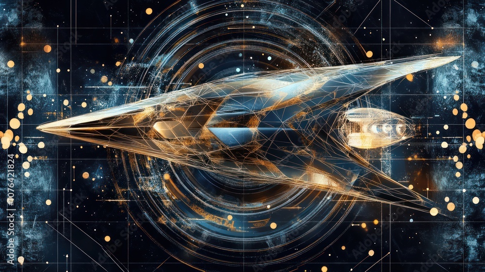 Poster abstract spaceship with golden and blue lines on a dark background with a grid pattern.