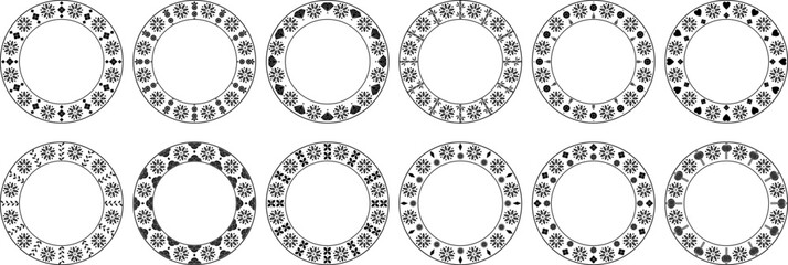 Set of Chinese new year floral frames with  lanterns,bamboo,hearts, wavy ornament. Festive floral elements round composition. Hand drawn vector flat floral decorative elements. Vector illustration.