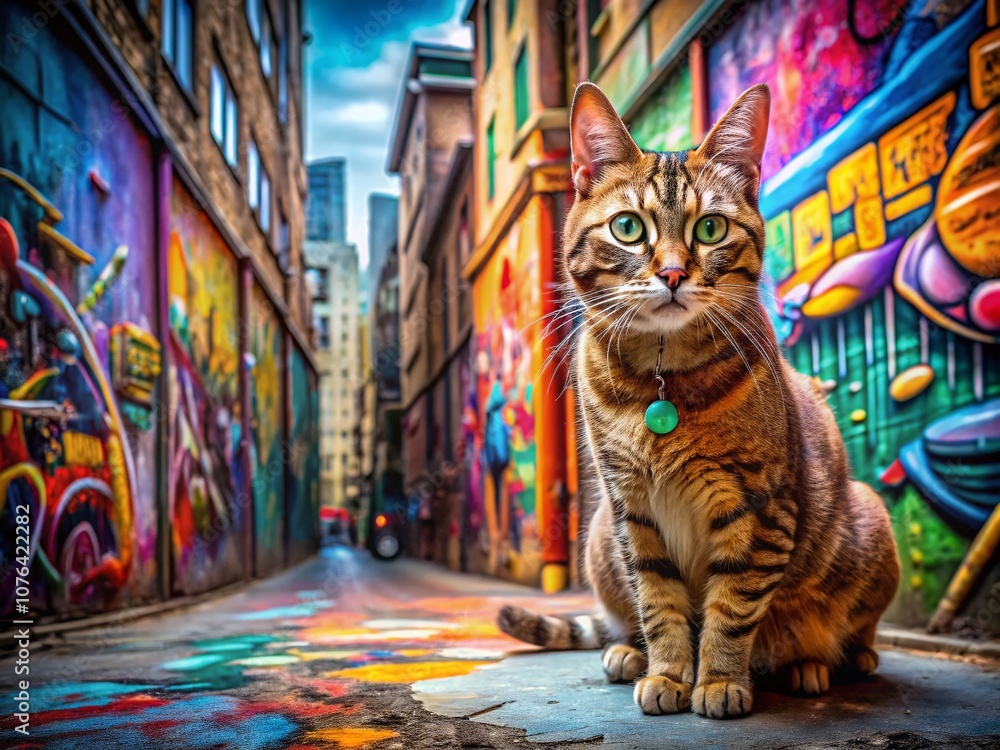 Poster captivating vibrant cat portrait amidst abstract colors that blend urban exploration elements for a 