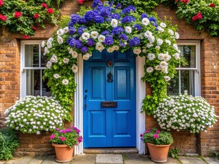 Captivating View of Beautiful White Petunia Flowers in a Hanging Basket Next to a Charming Blue Front Door, Capturing the Essence of an English Garden Style Home