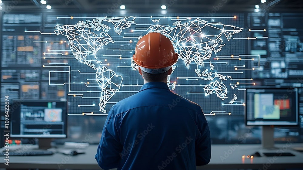 Aufkleber Industrial Engineer in Hard Hat Observes Illuminated Network Map Representing Global Development Technology Infrastructure Optimization