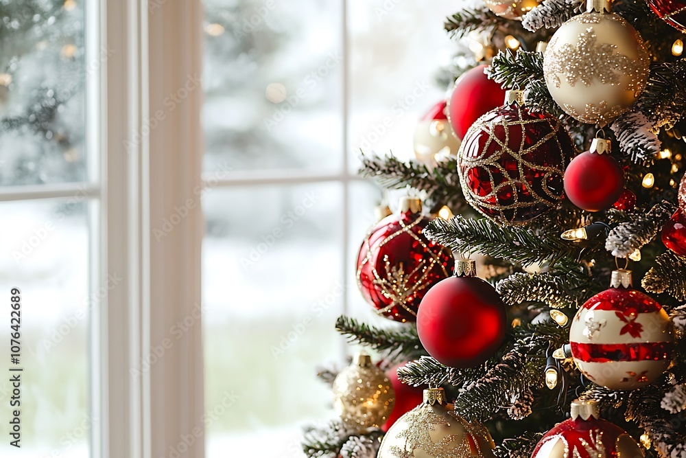Poster elegant christmas tree adorned with red gold ornaments in snowy scenery : generative ai