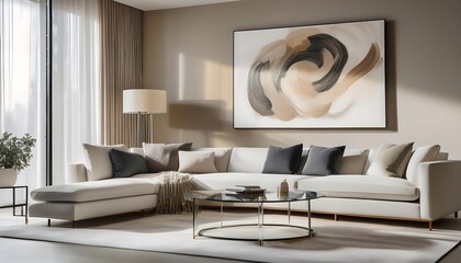 Ultra-modern living room with floor-to-ceiling windows revealing a city skyline at dusk.