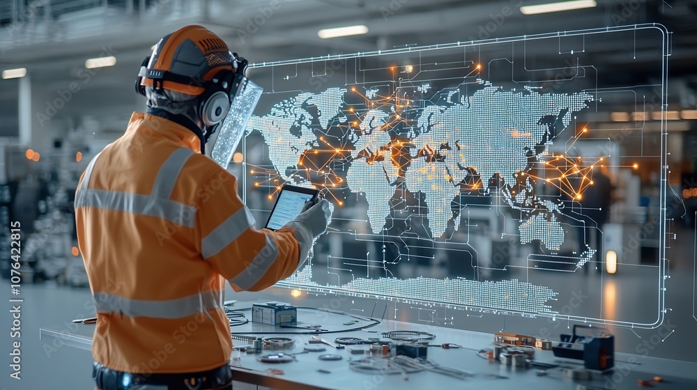 Aufkleber Engineer in Safety Gear Examining Futuristic World Map with Interconnected Data Points Signifying Global Communication and Technological Infrastructure
