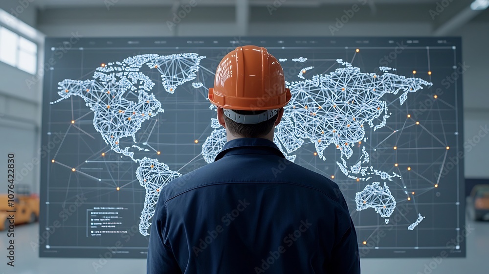 Leinwandbilder a male engineer wearing a hard hat stands facing a digital world map displaying interconnected netwo
