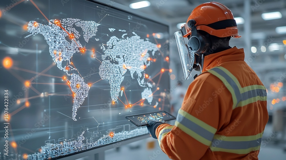 Aufkleber engineer in safety gear examining futuristic global communication and technology infrastructure sign