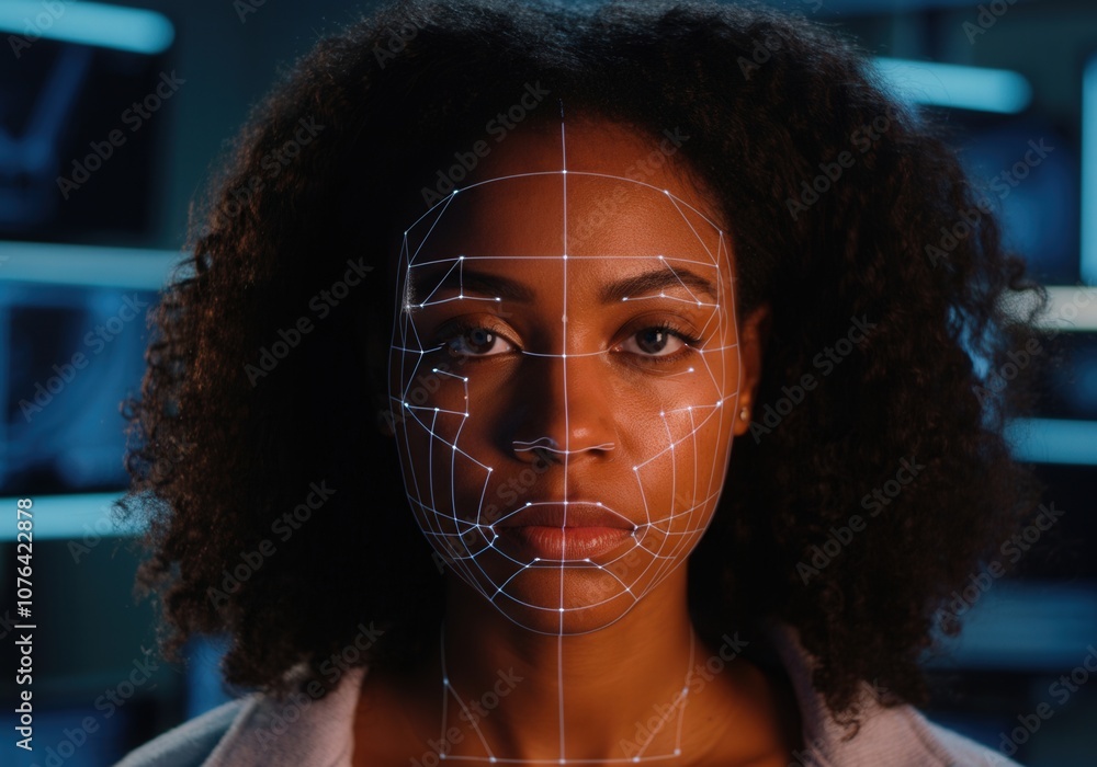 Poster facial recognition software scanning face of female programmer in high tech environment