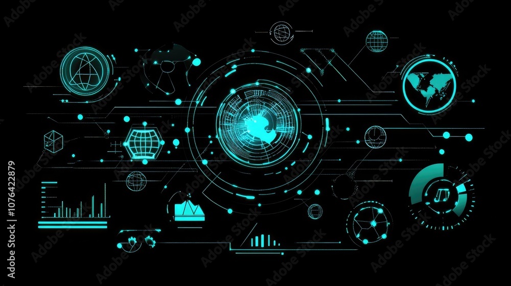 Poster abstract futuristic digital interface with glowing cyan lines and shapes on a black background.