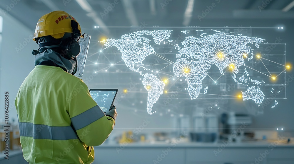 Poster Professional engineer in safety gear examining a futuristic world map with glowing connection points