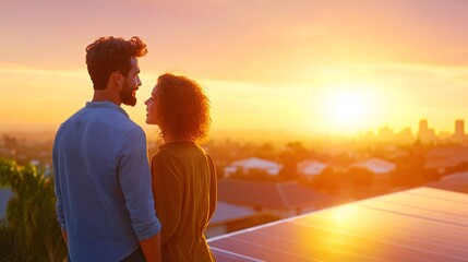 Fototapeta premium Couple Admiring Sunset from Rooftop with Solar Panels in Peaceful Mood