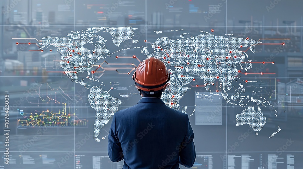 Poster industrial worker wearing protective helmet facing a world map with highlighted network connections