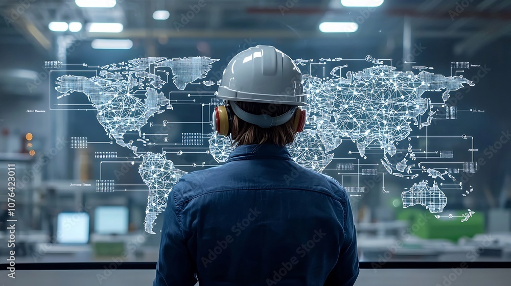 Poster industrial worker wearing a safety helmet examining a world map with highlighted network connections