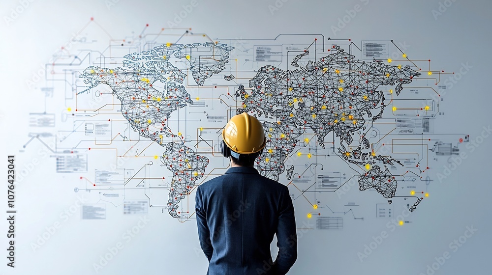 Poster industrial worker wearing protective helmet examining a world map with highlighted network connectio