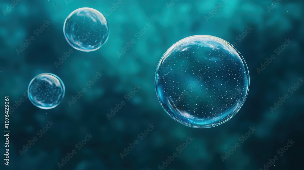 Poster ethereal floating bubbles in outer space reflecting beautiful colors and sparkling light amidst a dr