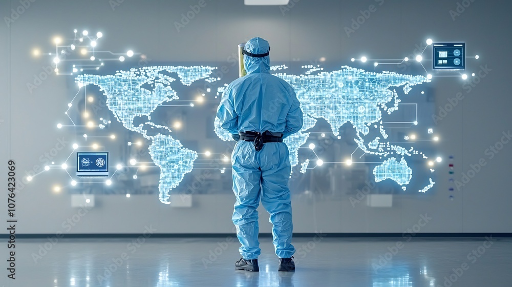 Poster professional male engineer wearing protective gear standing before a sophisticated high tech world m