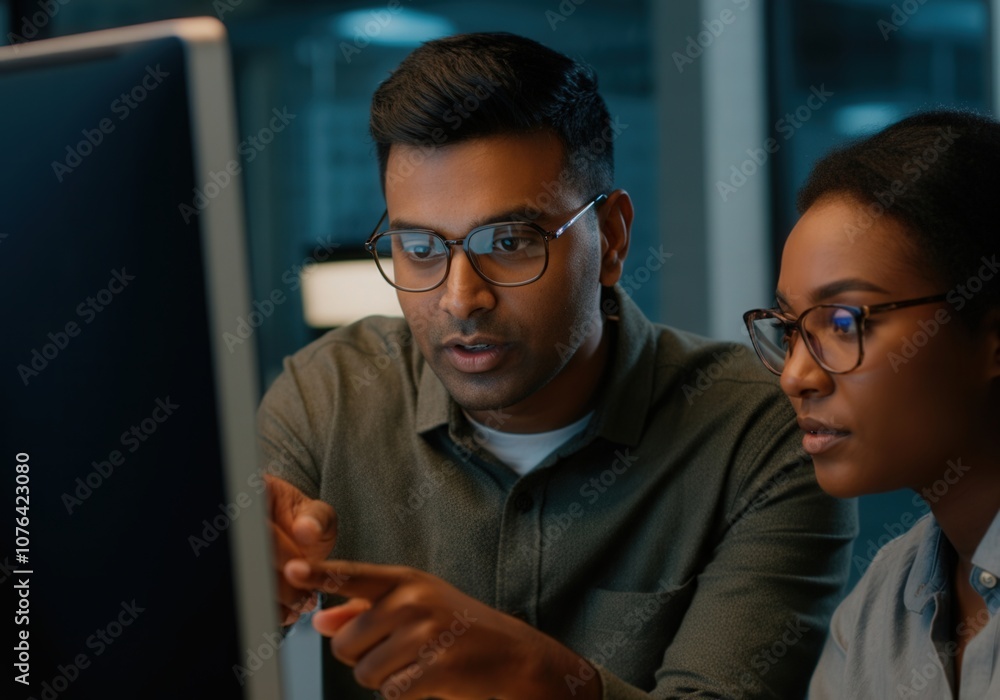 Poster two diverse software developers concentrating on computer screen, working together to debug code lat