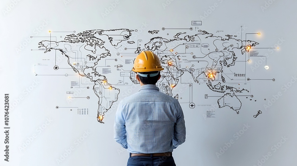 Poster industrial worker wearing safety helmet facing a world map with highlighted network connections repr