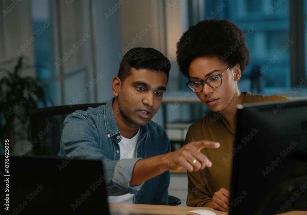 Poster two diverse software developers concentrating on a computer screen, working together late at night i