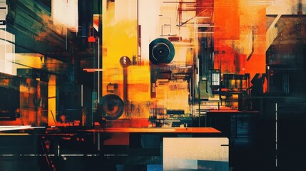 Abstract Urban Landscape with Geometric Shapes and Vibrant Colors
