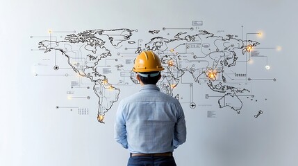Industrial Worker Wearing Safety Helmet Facing a World Map with Highlighted Network Connections Representing the Concept of Global Engineering and Planning