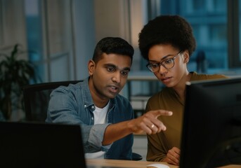Two diverse software developers concentrating on a computer screen, working together late at night in the office
