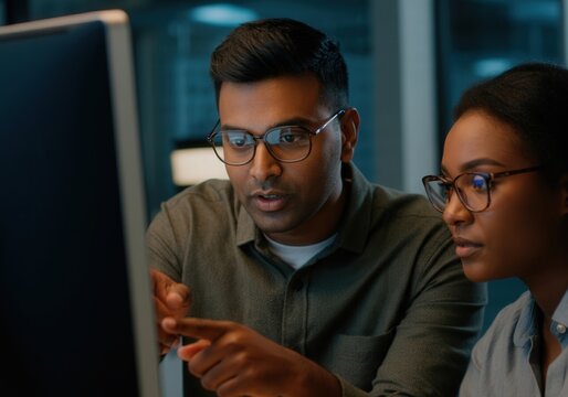 Two diverse software developers concentrating on computer screen, working together to debug code late at night in office