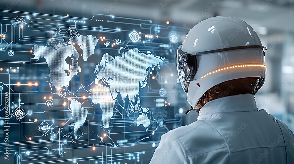 Poster Industrial Engineer in Protective Helmet Examining Digital Map with Illuminated Network Points Highlighting the Concept of Global Engineering Connectivity and Technological