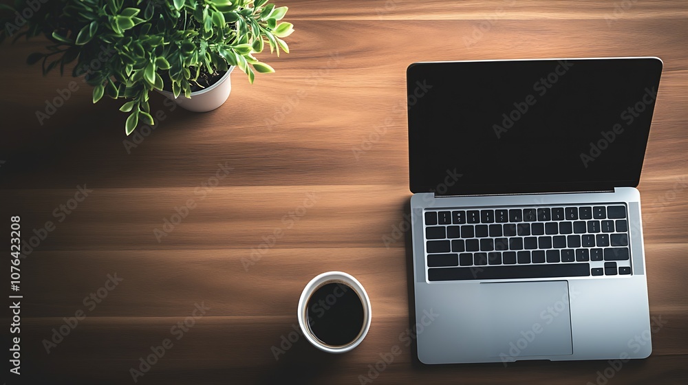 Leinwandbilder clean and minimal workspace with laptop and coffee for productive work environment : generative ai