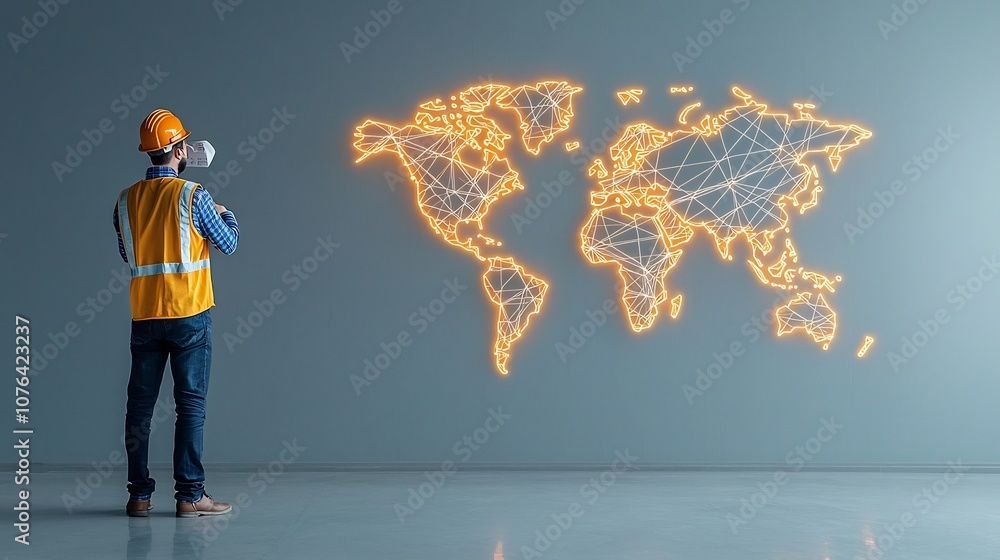 Poster construction manager in hard hat observing glowing world map symbolizing global technological connec