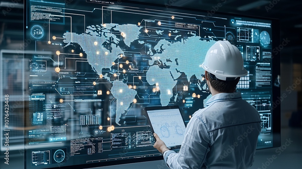 Poster An engineer wearing a hard hat examining a detailed digital world map with highlighted network points symbolizing the planning and technological advancements driving global connectivity and progress