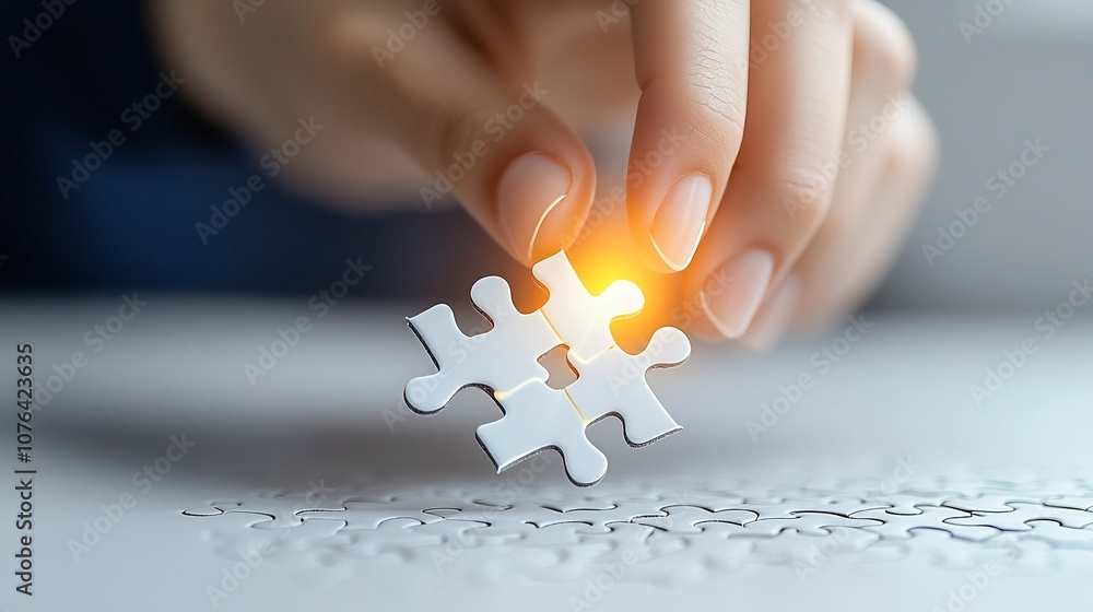 Poster Close up of a hand adding a puzzle piece with a glowing effect representing synergy and innovative solutions to business challenges and growth opportunities