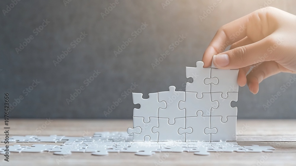 Poster hand positioning the last puzzle piece with a soft digital glow symbolizing the of ideas and the ach