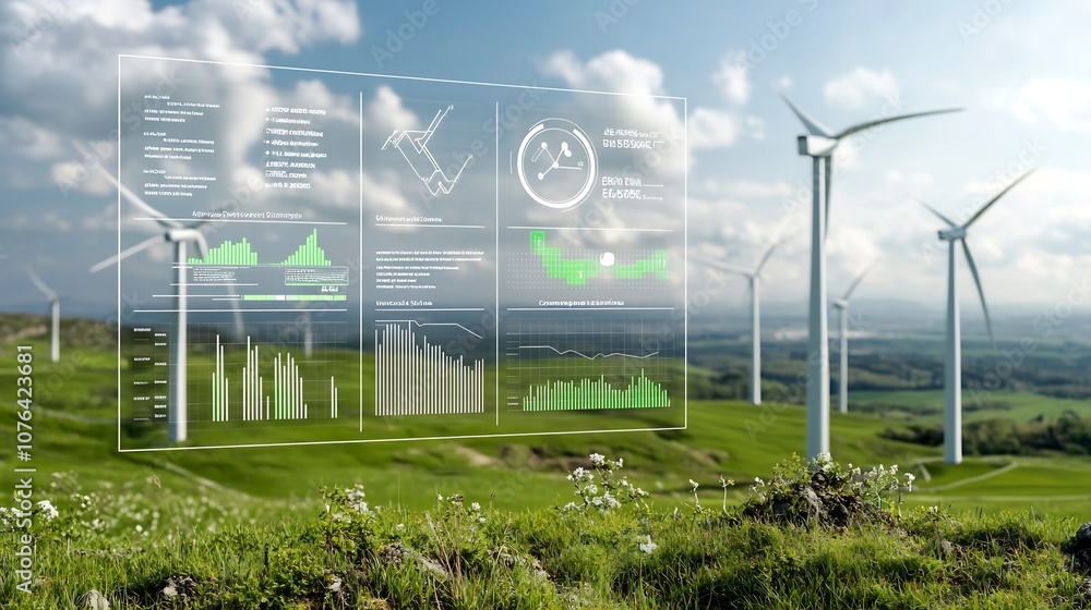 Aufkleber Close up view of eco friendly technology with a transparent data chart overlay on a green landscape with wind turbines representing clean energy analytics and sustainable solutions for the future