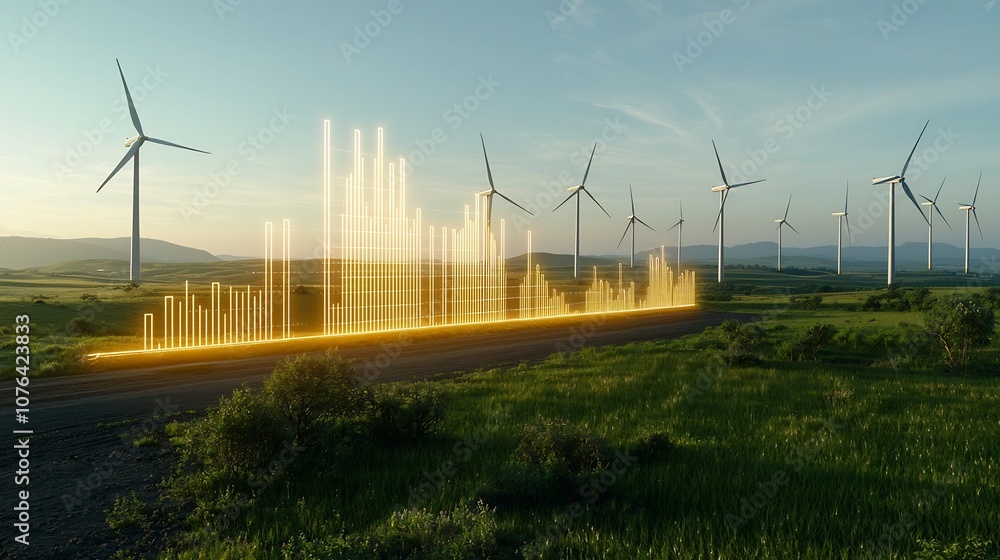 Poster Glowing energy data chart overlaying a lush green field with wind turbines in the background symbolizing the progress and evolution of sustainable and eco friendly energy solutions