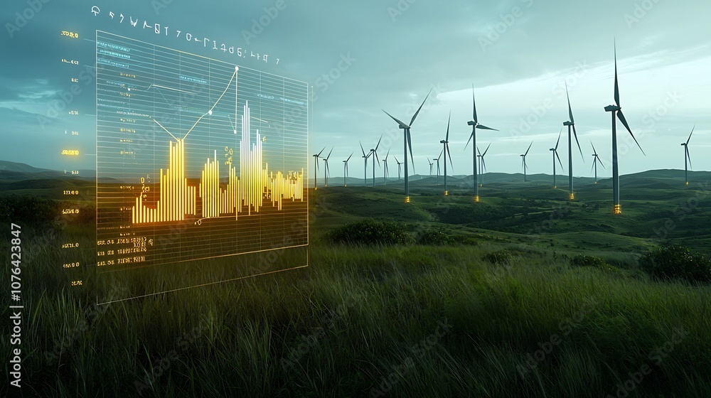 Poster Glowing energy data chart overlaid on a lush green field with wind turbines in the background representing the progress and innovation of sustainable and eco friendly power solutions